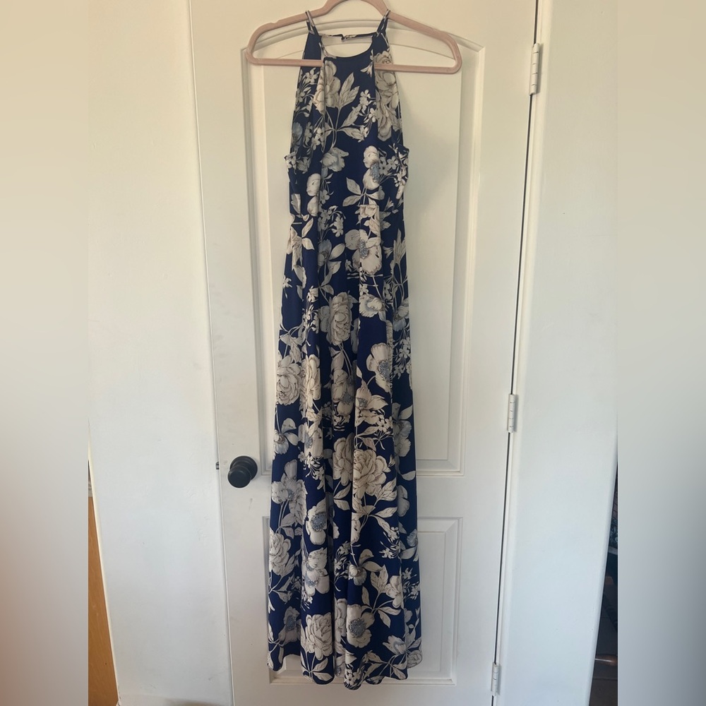 Navy Floral Maxi Dress with Ivory Rose Print